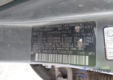 2007 Hyundai Tucson Gls из США, поврежденный, VIN KM8JM12B27U496706